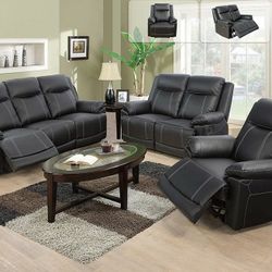 Brand New Black Leather Baseball Stitched Reclining Sofa Loveseat & Chair 