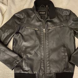 Men’s Guess Black Leather Biker Style Bomber Jacket, Size Large