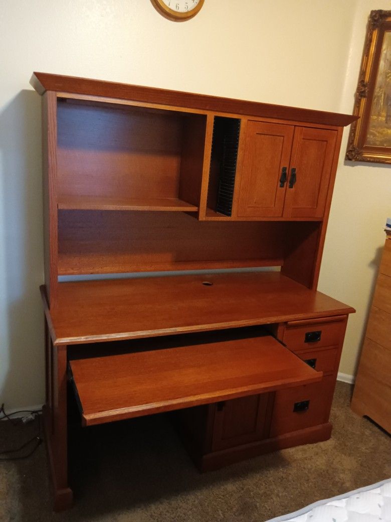 2 Piece Office Home Oak Wooden Desk w Drawers Storage Shelves
