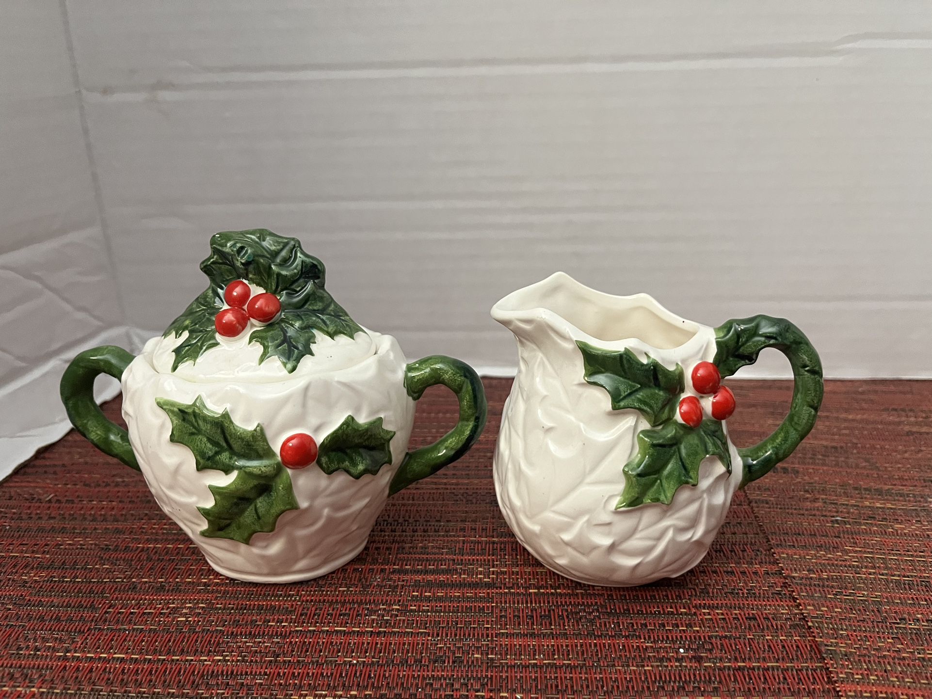 Vtg. Lefton Holly & Berries Sugar & Creamer Set w/ Original Sticker