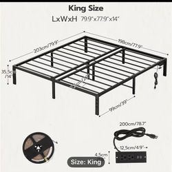 King Bed Frame with LED Lights, Metal Platform Bed Frame with Charging Station New in box Price firm