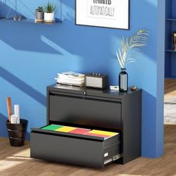 2 Drawer File Cabinet, Black Metal Lateral File Cabinet with Lock, Office Filing Cabinet for Legal/Letter/A4/F4 Size with Hanging Files&Key, Lockable 