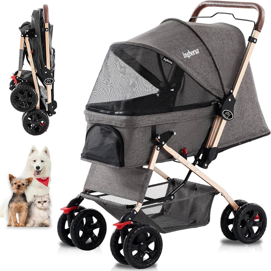 Pet Dog Stroller for Cats and Dog Four Wheels Carrier Strolling Cart with Weather Cover, with Storage Basket for Small Medium Dogs & Cats