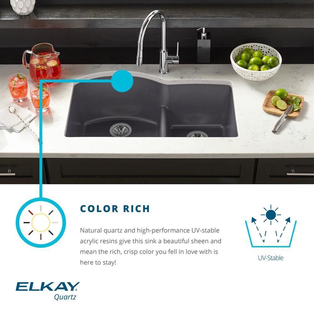 Elkay by Schock Drop-In/Undermount Quartz Composite 33 in. Rounded Offset Double Bowl Kitchen Sink in Black