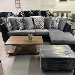 Grey Sectional With Black Vynil And Ottoman ‼️week End Special‼️