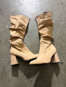 Beige Suede Knee-High Slouch Heel Boots
