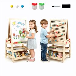 2-in-1 Art easel magnetic white board & marble run game, marker, eraser, paint cups, marbles for kids toddler