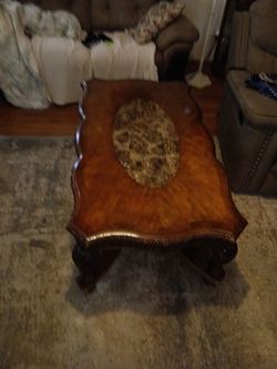 Ornate Wood Coffee Table with Stone Inlay