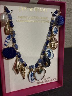 Persimmon Freshwater pearl Necklace  Blue  16"  plus 3"  dangle charms 