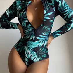 SEXY Plant Print Zipper One Piece Swimsuit *NEW*