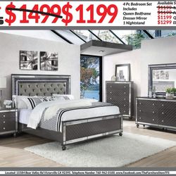 4pc Bedroom Set $1049 Queen $1199 Eastern King Includes bedframe Dresser mirror nightstand Black Mirrored Bedroom Set