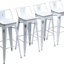 26" Industrial Metal Barstools Set of 4 Counter Height Bar Stools with Back (Wood Top Low Back, Distressed White)