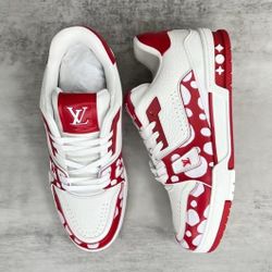 Cowhide lace-up low-top sneakers, unisex, white and red