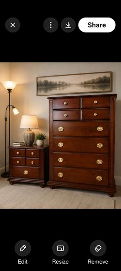 Beautiful dresser with night stand & free wooden shelves featuring, updated brushed golden hardware, and timeless craftsmanship. This versatile 6-draw