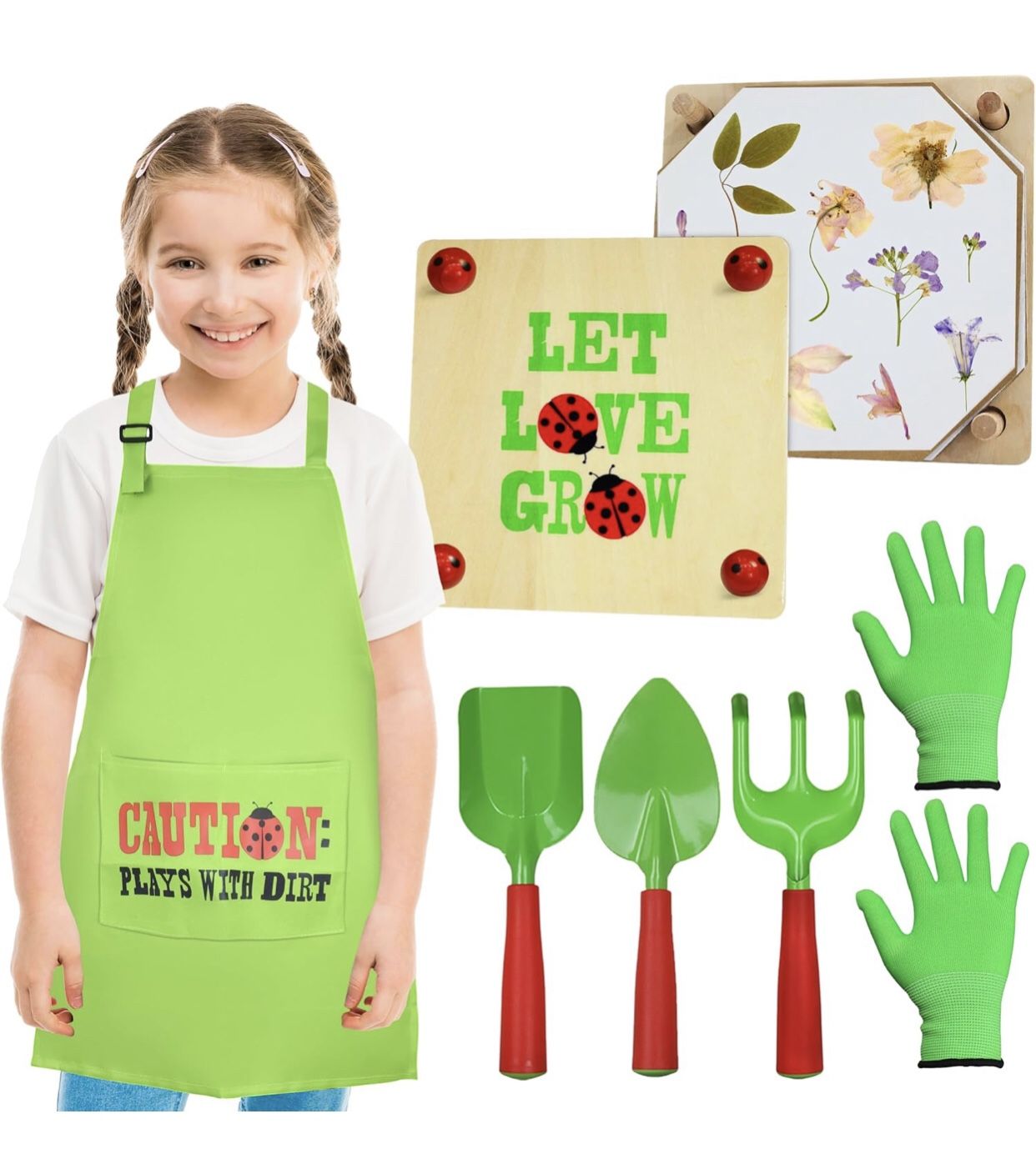 Gardening Pretend Play Set & Flower Press Kit - Kids Gardening Set with Apron