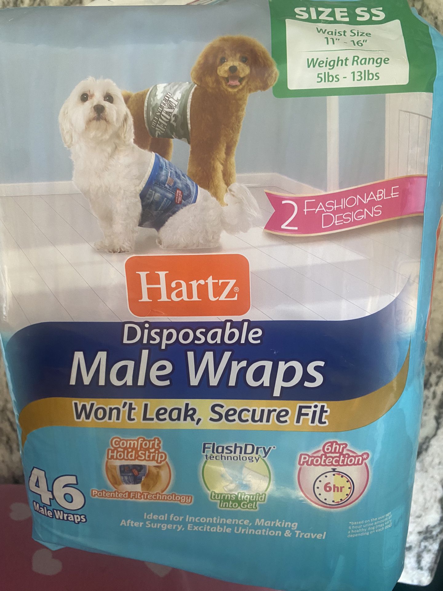Hartz Disposable Male Wraps/Diapers for dogs, Size 5-13lbs (waist size 11”-16”).  46 Count.  
