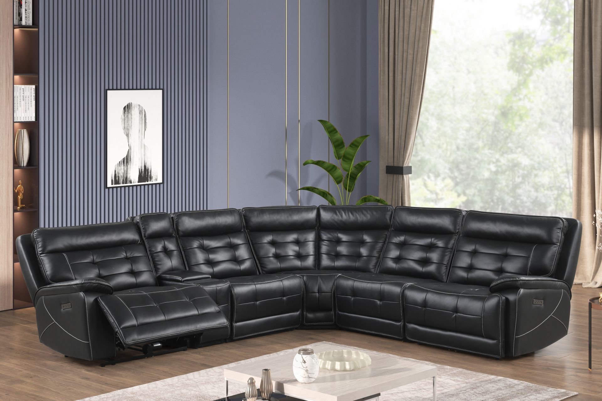Modern Black Leather Power Reclining Sectional Sofa with LED, & USB Ports
