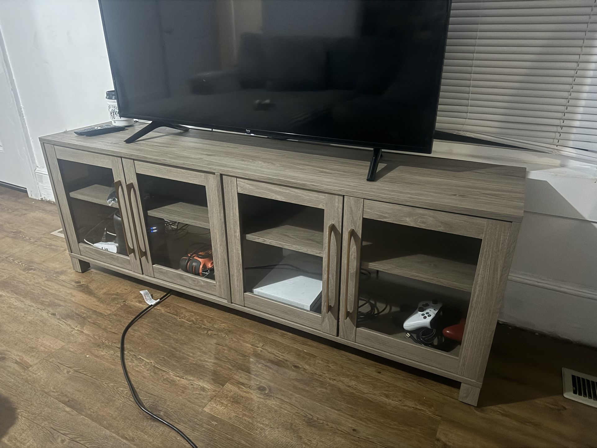 Wood-Look TV Stand with Glass Doors