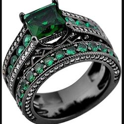 2 Pcs Princess Cut Green Black Gold Plated Cubic Zirconia Women's Ring