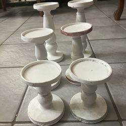 Set of 6 White Candle Holders-approx Lg H9”W3.5” Med H7” W3.5” Sm H5”W3.5”