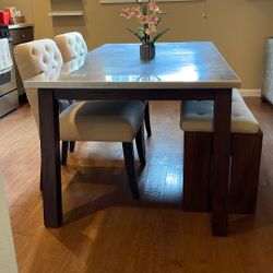 Stainless Steel Top Dining Table With Chairs And Bench, Set Of 4