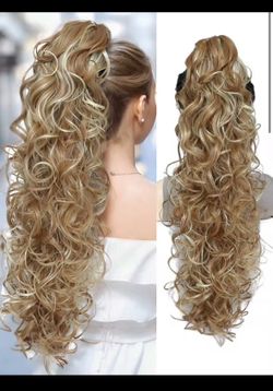 26 Inch Natural Long Body Wave Ponytail Hair Extension Synthetic Heat Resistant Hair Claw Curly Wavy Ponytail Hairpieces For Women Blonde With Brown C