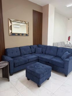 Modern Dark Blue 4-Piece L-Shaped Sectional Sofa Set with USB Port & Ottoman