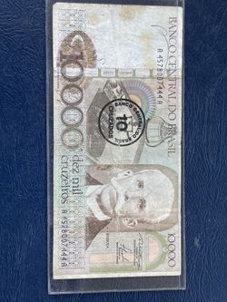 BRASIL BANCO BRAZIL 10000 DEZ MIL CRUZEIROS BANK NOTE PAPER MONEY ~RUI BARBOSA