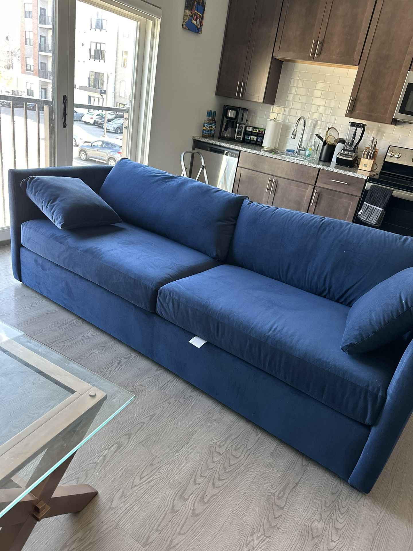 Blue Velvet Custom Sofa – Excellent Condition