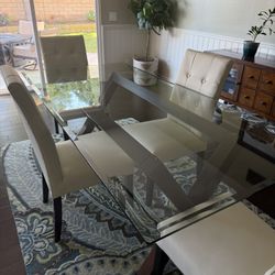 Glass Dining Room Table W/4 Leather Chairs And Bench