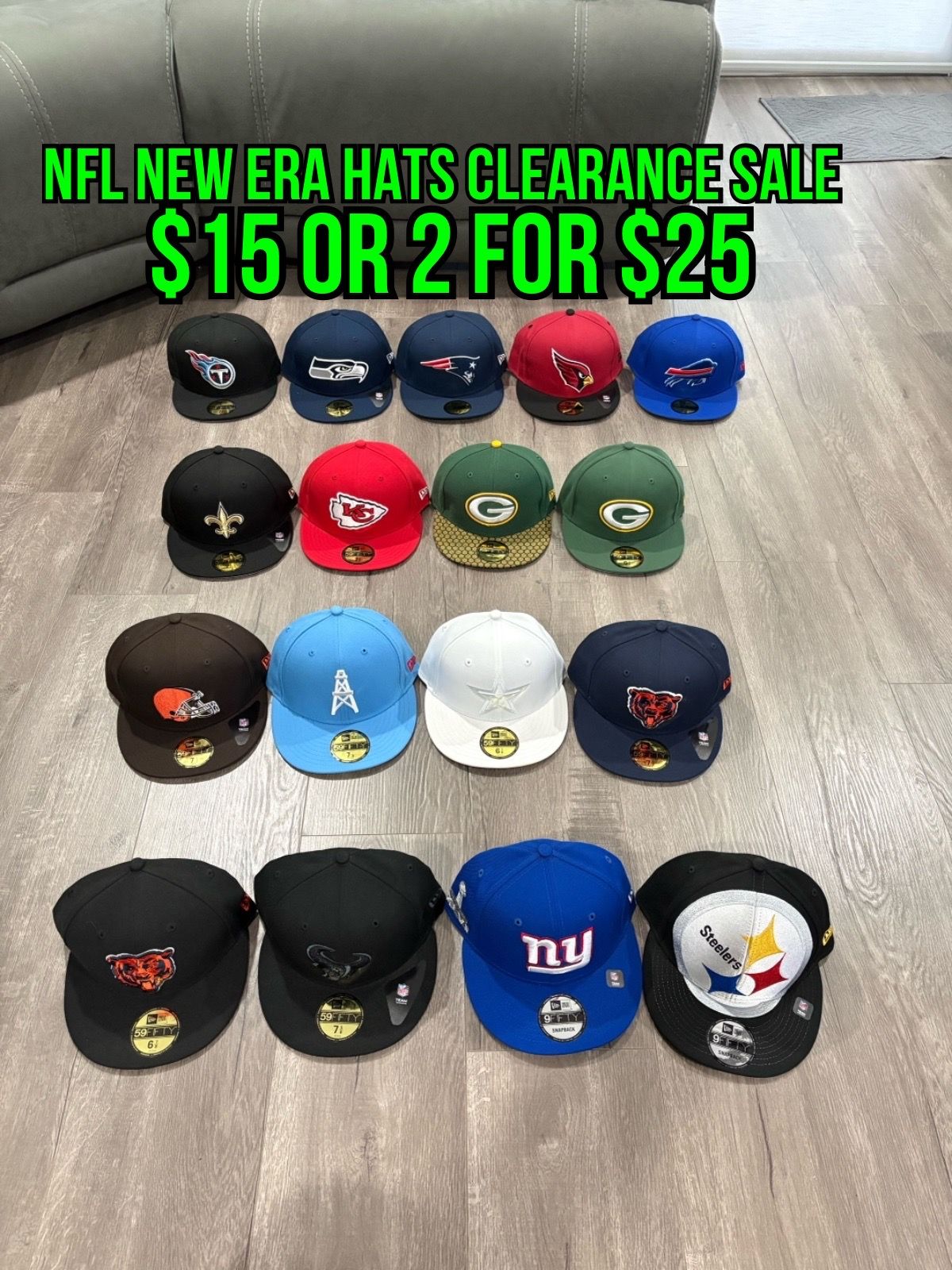 Check description for sizes NFL New Era Hats 59fifty And 9 Fifty Steelers Giants Bears Texans Oilers Cowboys Browns Packers Packers Saints Chiefs Bill