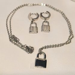 Stainless Steel Lock Earrings And Necklace Set 