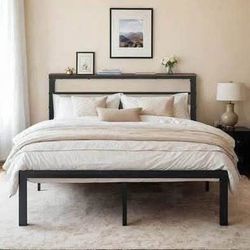 New Full Size Bed Frame with Shelves Headboard, Brown