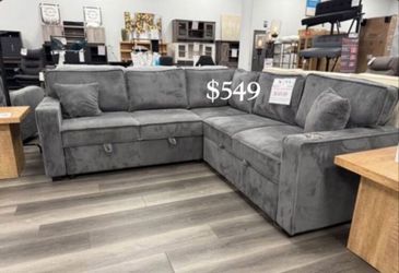 Gorgeous‼️3-Pc Gray Convertible Sectional Sofa With Storage, Pullout Bed, & USB Port