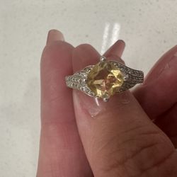 Genuine Citrine And Diamond Sterling Silver Ring 