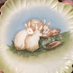 VTG c1900 Easter Bunny China Cabbage Leaf Plate Victorian Austria
