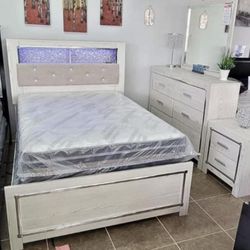 🔵Free/Fast Delivery & Altyra White Upholstered Bookcase LED Panel Bedroom Set (Bed, Dresser, Nightstand and Mirror) 