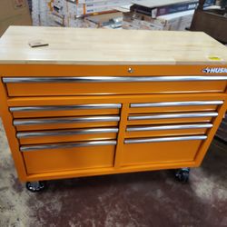 Husky
46 in. W x 18 in. D 9-Drawer Gloss Orange Mobile Workbench Cabinet with Solid Wood Top