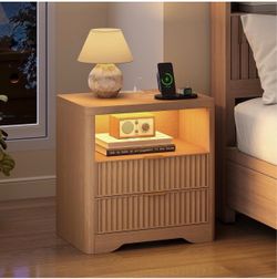 Fluted Nightstand with 2 Drawers, Power Outlets and LED Lights Modern LED Nightstand with Open Storage Shelf, Wood Night Stand Bed Side Table for Bedr