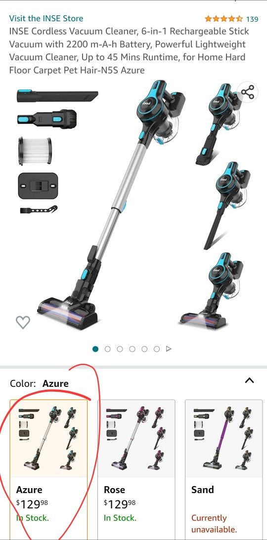 INSE Cordless Vacuum Cleaner, 6-in-1 Rechargeable Stick Vacuum with 2200 m-A-h Battery, Powerful Lightweight Vacuum Cleaner, Up to 45 Mins Runtime, fo