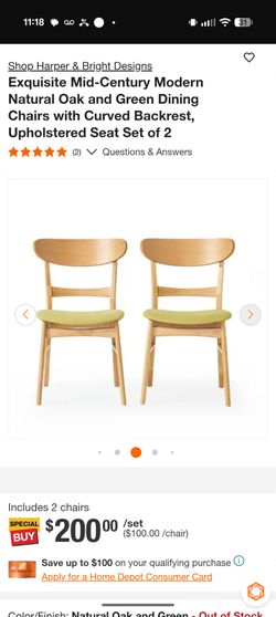 Two Mid-Century Modern Natural Oak and Green Dining Chairs