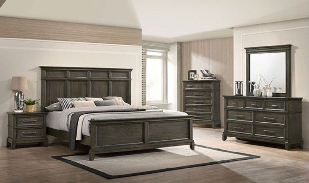 Brand New 4pc Grey Bedroom Set (Queen, Cali & Eastern King)