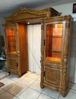 Glass Cabinets With Glass Shelves & Lights- Solid Wood- Good Condition