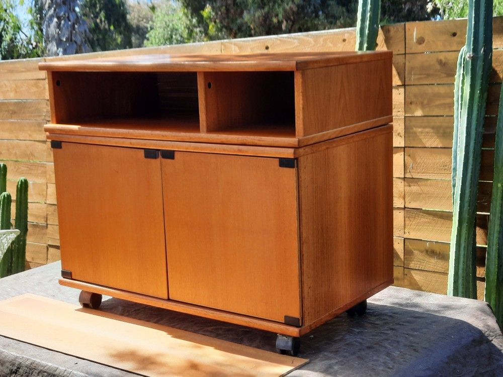 beautiful vintage Danish TEAK TV STAND with swivel top and lots of storage And More