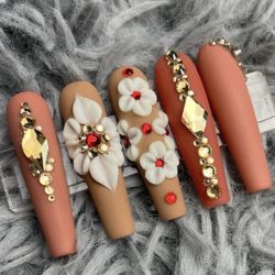 XL coffin brown press on nails red rhinestones white acrylic flowers matte