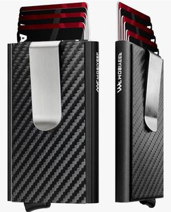 *NEW* Slim Leather Card Holder RFID Wallet - Minimalist Pop Up Wallet with Money Clip-wrapped Compact Carbon Fiber Wallet for 6 Credit Cards