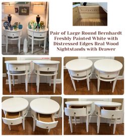 2 Large Round Bernhardt Freshly Painted White w Distressed Edges Real Wood Nightstands w Drawer
