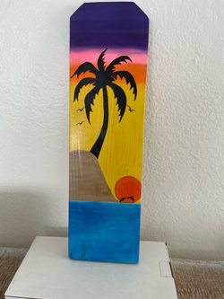 Original Hand Painted Palm Tree Sunset on Cedar Picket - Approx 15 x 7.5 inch