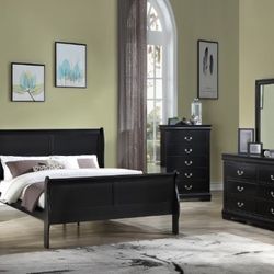 4pc QUEEN bedroom set black includes queen bed, dresser, mirror and nightstand. Mattress set, chest and extra nightstand available. Pick up can delive