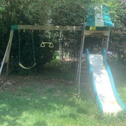 Wooden Swing Set With Fort And Rock Climbing Ladder 